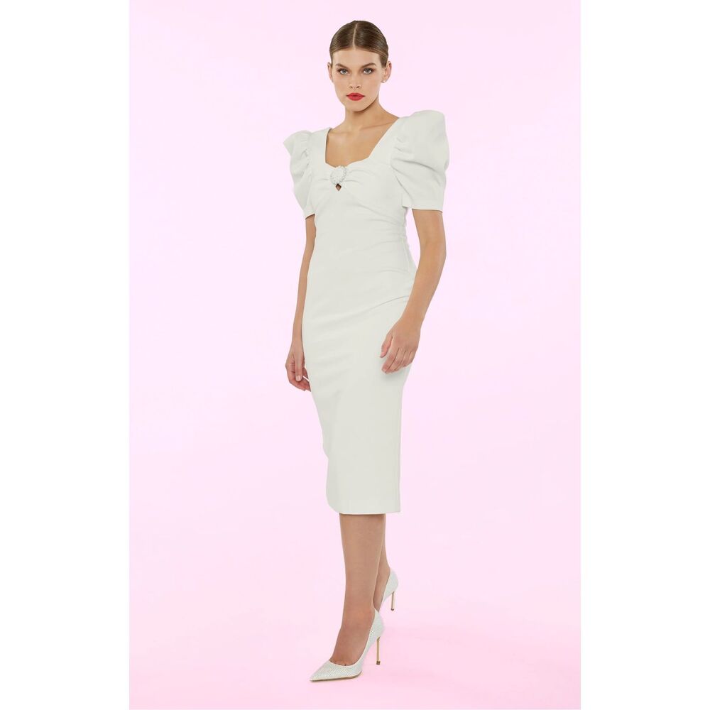 NWT Likely Bronte Puff Sleeve Ivory Midi Dress Size 6 $268 MSRP